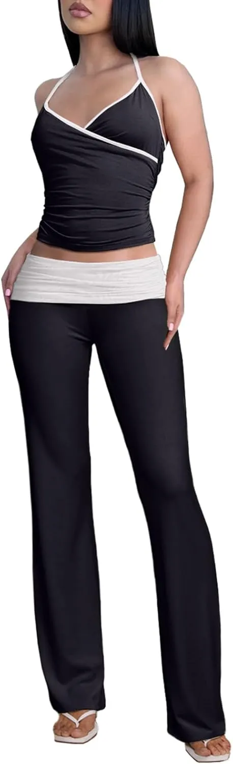 Women's 2 Piece Outfit Lounge Sets V Neck Crop Cami Top and Fold-over Flare Pants Set Tracksuit Sets Streetwear