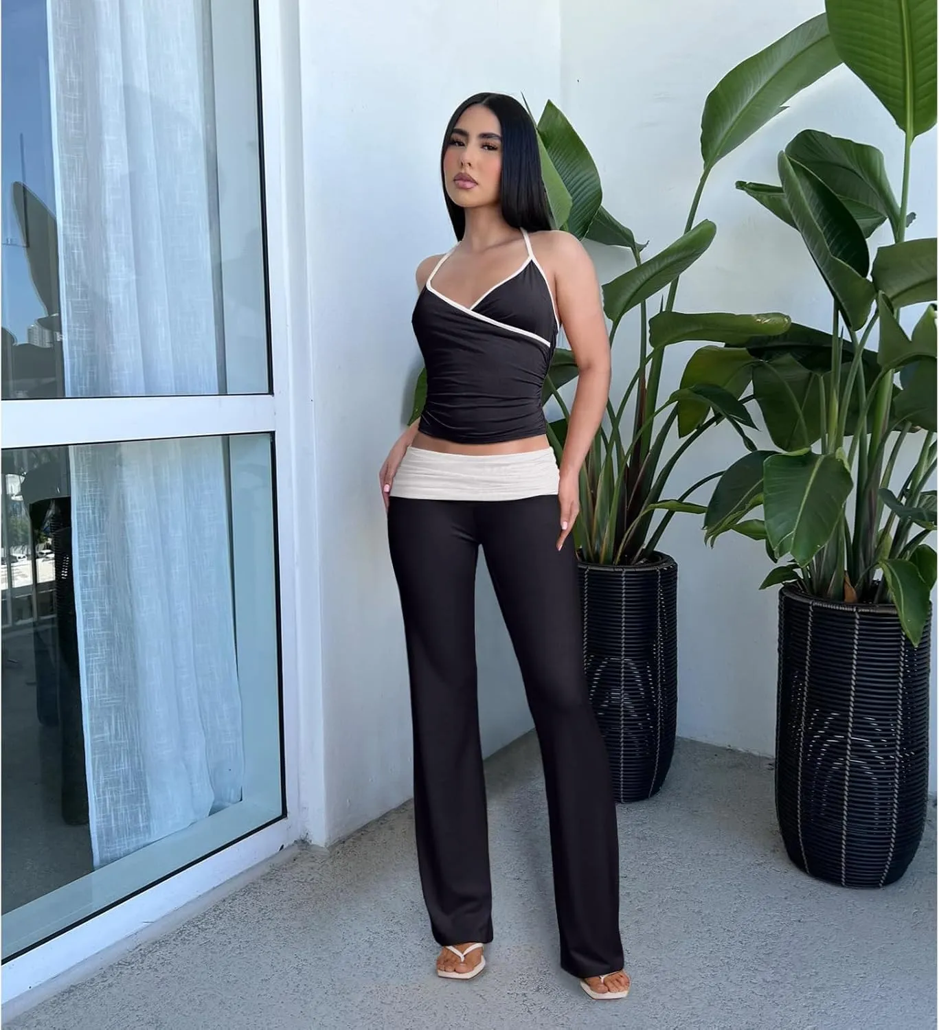 Women's 2 Piece Outfit Lounge Sets V Neck Crop Cami Top and Fold-over Flare Pants Set Tracksuit Sets Streetwear