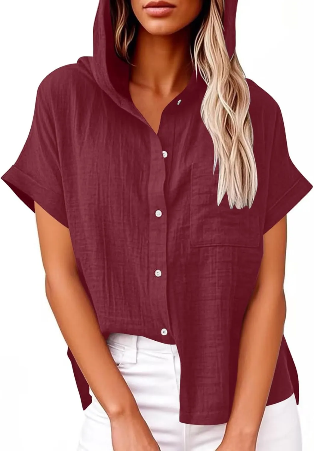 Womens Casual Button Down Short Sleeve Shirts Hooded Solid Summer Beach Blouses Tops with Hood