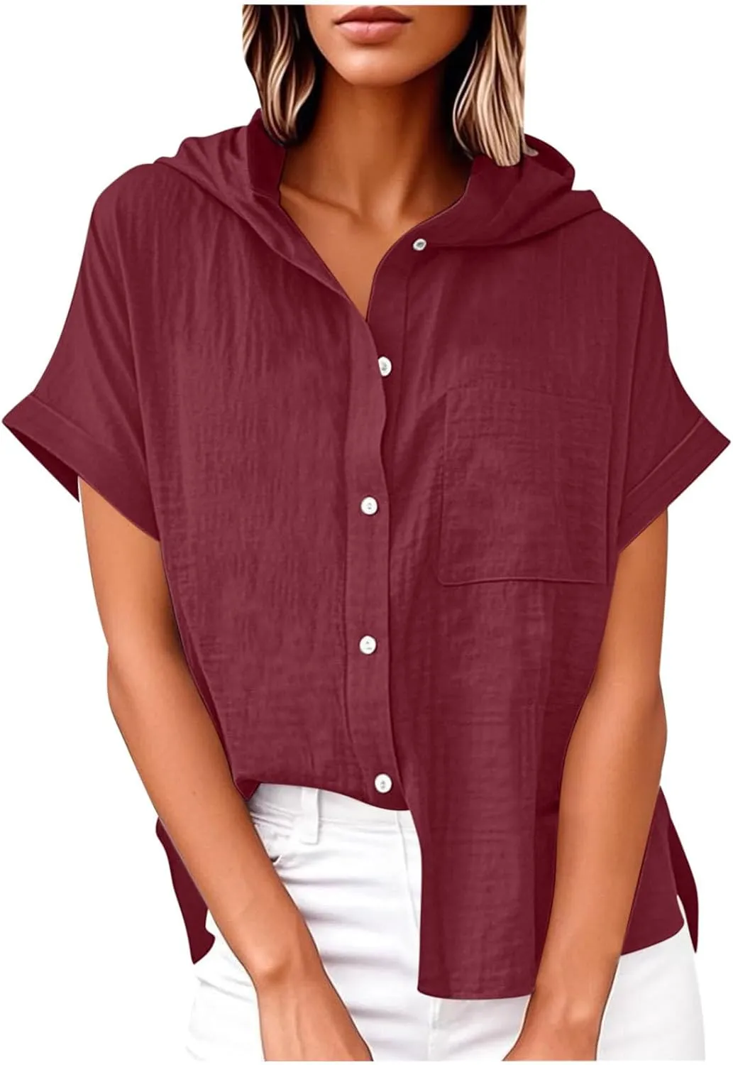 Womens Casual Button Down Short Sleeve Shirts Hooded Solid Summer Beach Blouses Tops with Hood