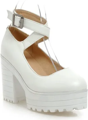 Women's Chunky High Heels Platform Round Toe Mary Jane Pumps Cross Ankle Strap Design Comfy Dress Party Sexy Shoes