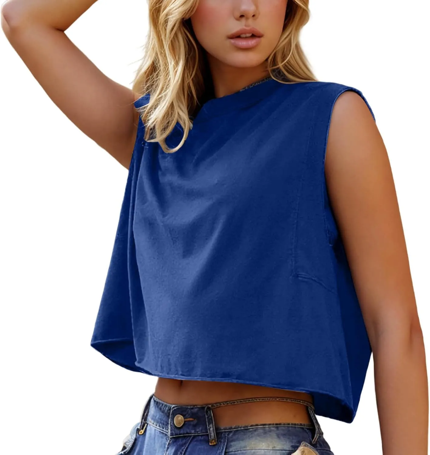 Womens Crew Neck Loose Crop Tank Tops Workout Casual Sleeveless T-Shirt Sexy Going Out Tops