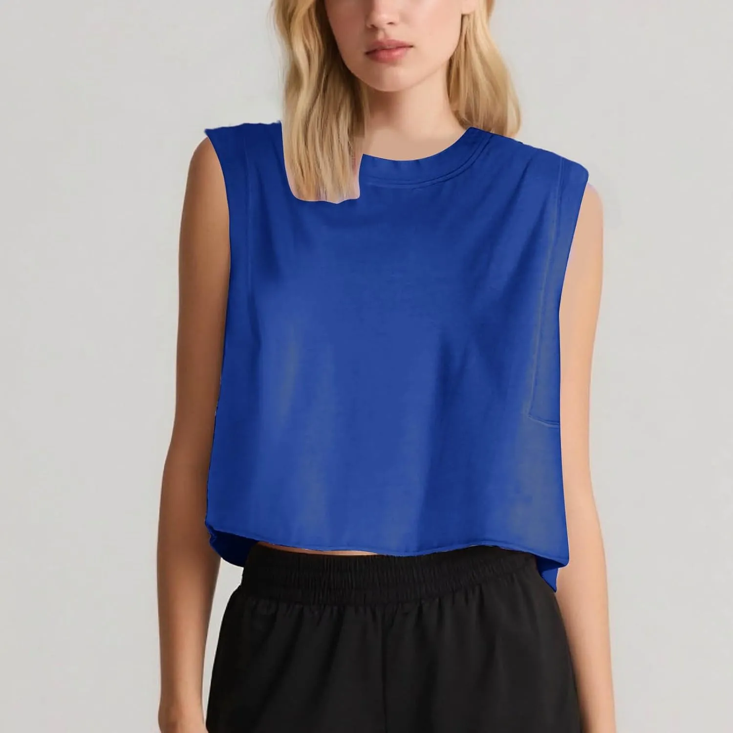 Womens Crew Neck Loose Crop Tank Tops Workout Casual Sleeveless T-Shirt Sexy Going Out Tops