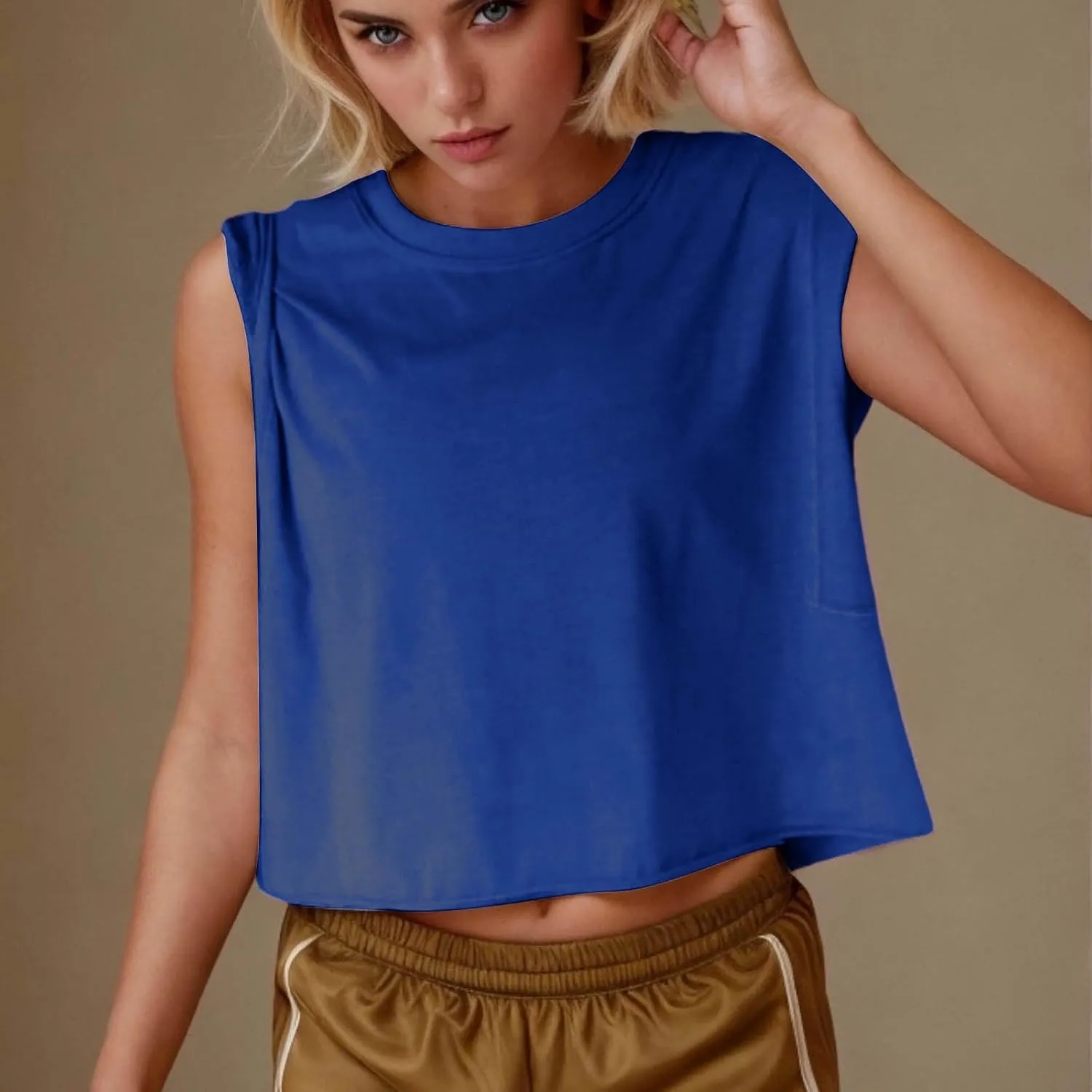 Womens Crew Neck Loose Crop Tank Tops Workout Casual Sleeveless T-Shirt Sexy Going Out Tops