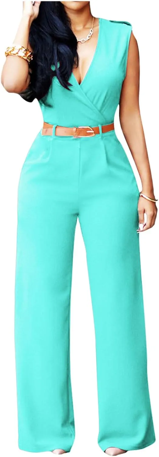 Womens Dressy Jumpsuit Split V Neck Sleeveless Wide Leg Long Pants Romper Overalls Casual Elegant Business Work Clothes