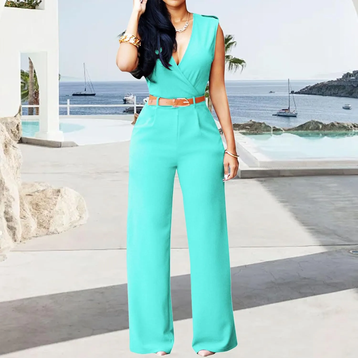 Womens Dressy Jumpsuit Split V Neck Sleeveless Wide Leg Long Pants Romper Overalls Casual Elegant Business Work Clothes
