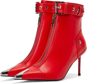 Women's Fashion Metal Pointed Toe Heel Boots Sexy Zip Ankle Stilettos Booties with Strap Buckle Party Dress High Heels for Women