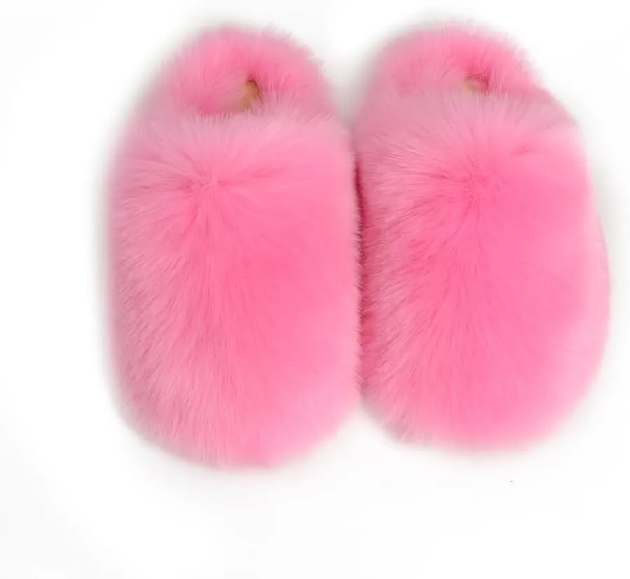 Womens Fluffy Faux Fur Slides Furry Soft Plush House Slippers Shoes Indoor Outdoor Slip On Slipper
