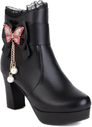 Womens Lace Rhinestone Bow Ankle Boots PU Leather Round Toe Chunky High Heels Zipper Booties Dress Wedding Fall Booties Shoes