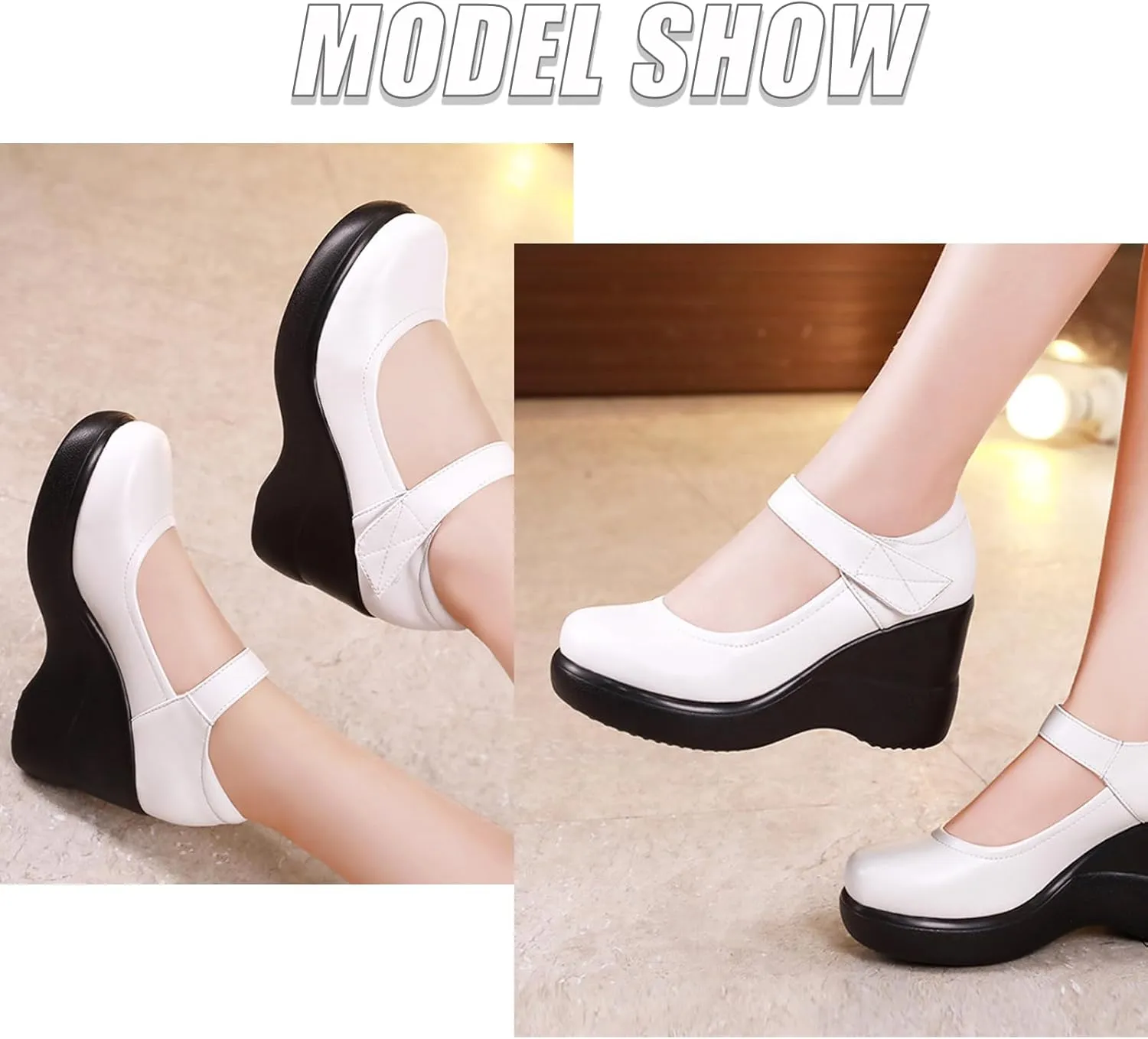 Women's Leather Wedge Mary Jane Shoes Comfort Round Toe Hook Loop Ankle Strap Soft Sole Platform Pumps Business Office Formal Shoes