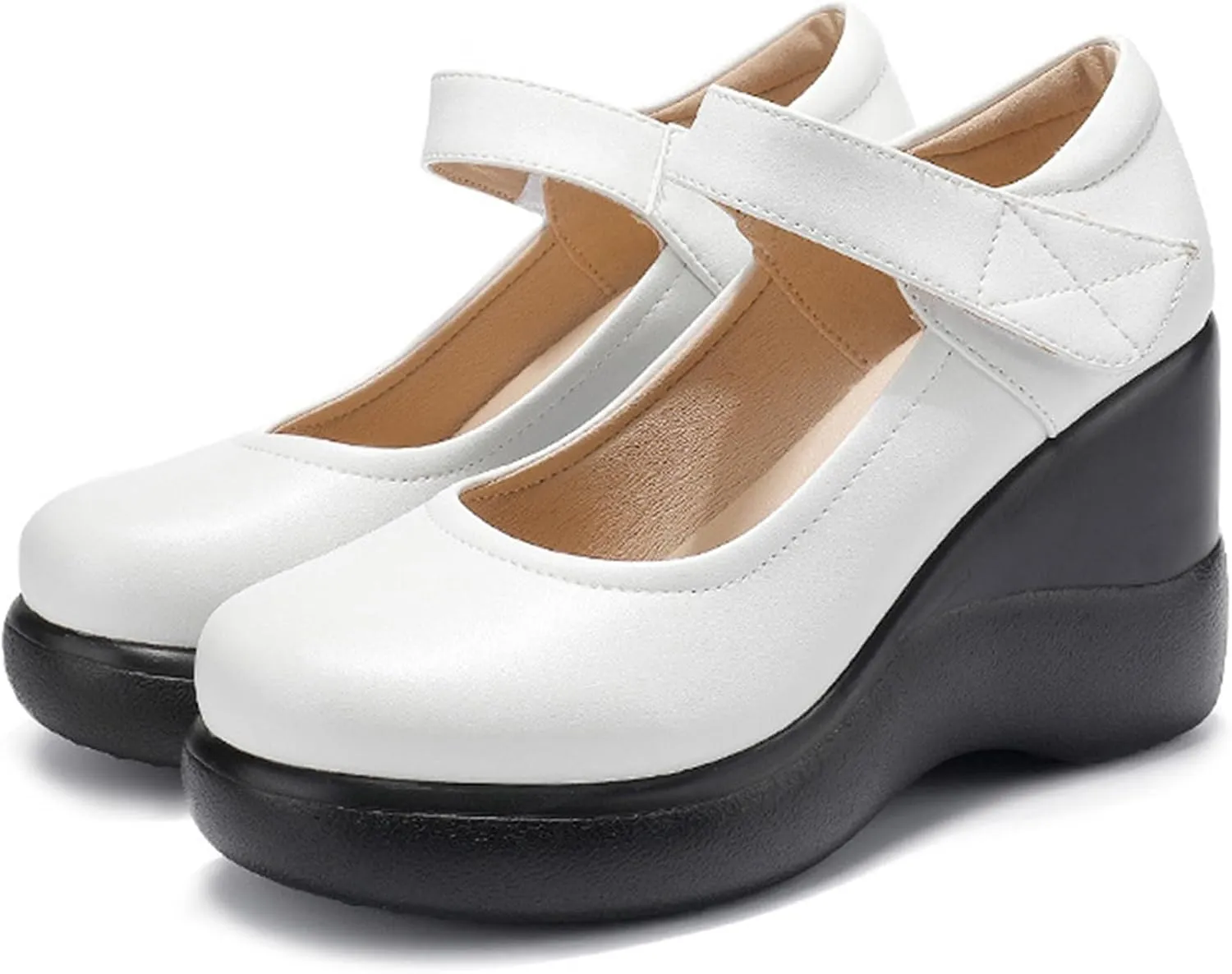 Women's Leather Wedge Mary Jane Shoes Comfort Round Toe Hook Loop Ankle Strap Soft Sole Platform Pumps Business Office Formal Shoes