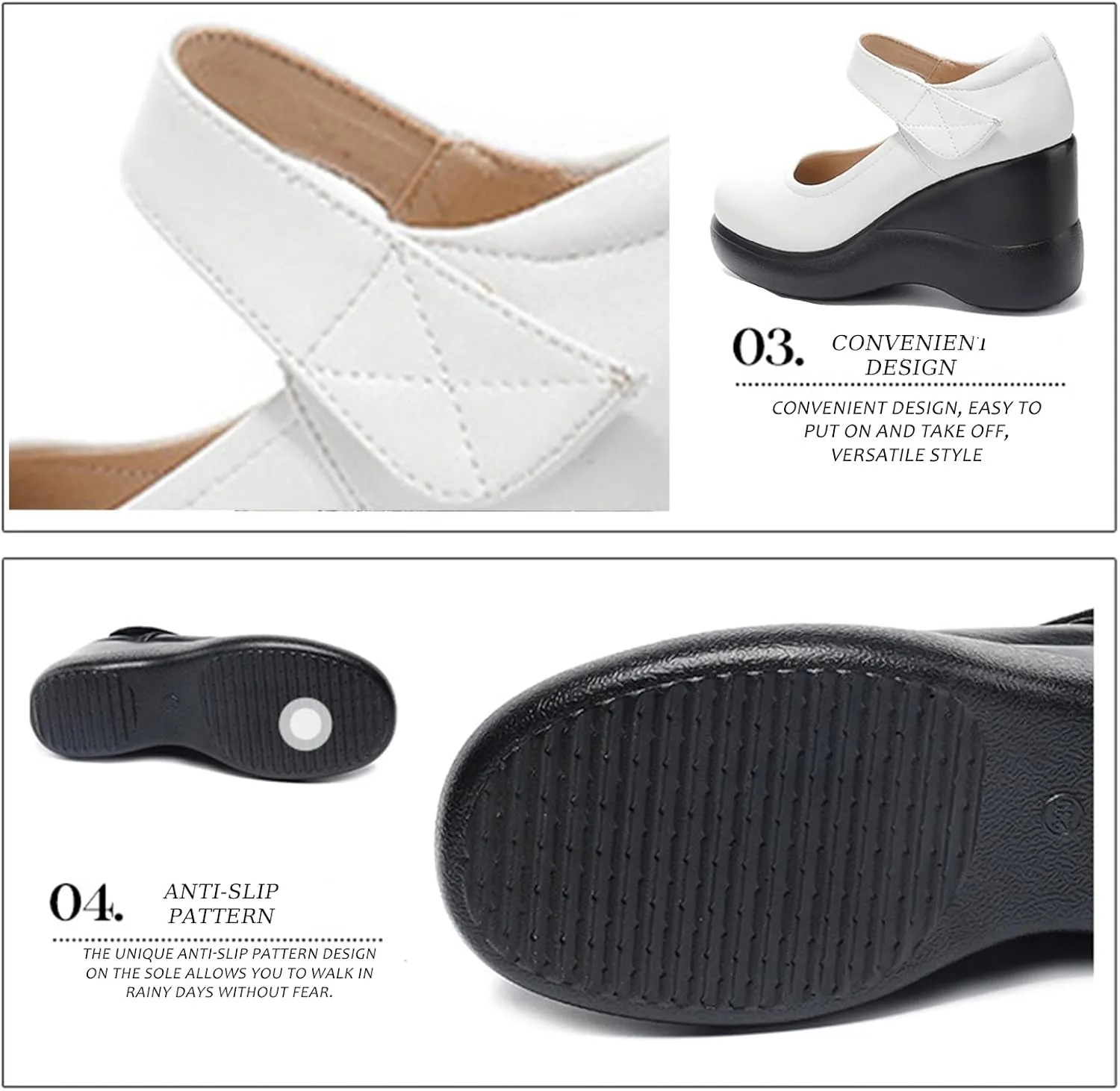 Women's Leather Wedge Mary Jane Shoes Comfort Round Toe Hook Loop Ankle Strap Soft Sole Platform Pumps Business Office Formal Shoes