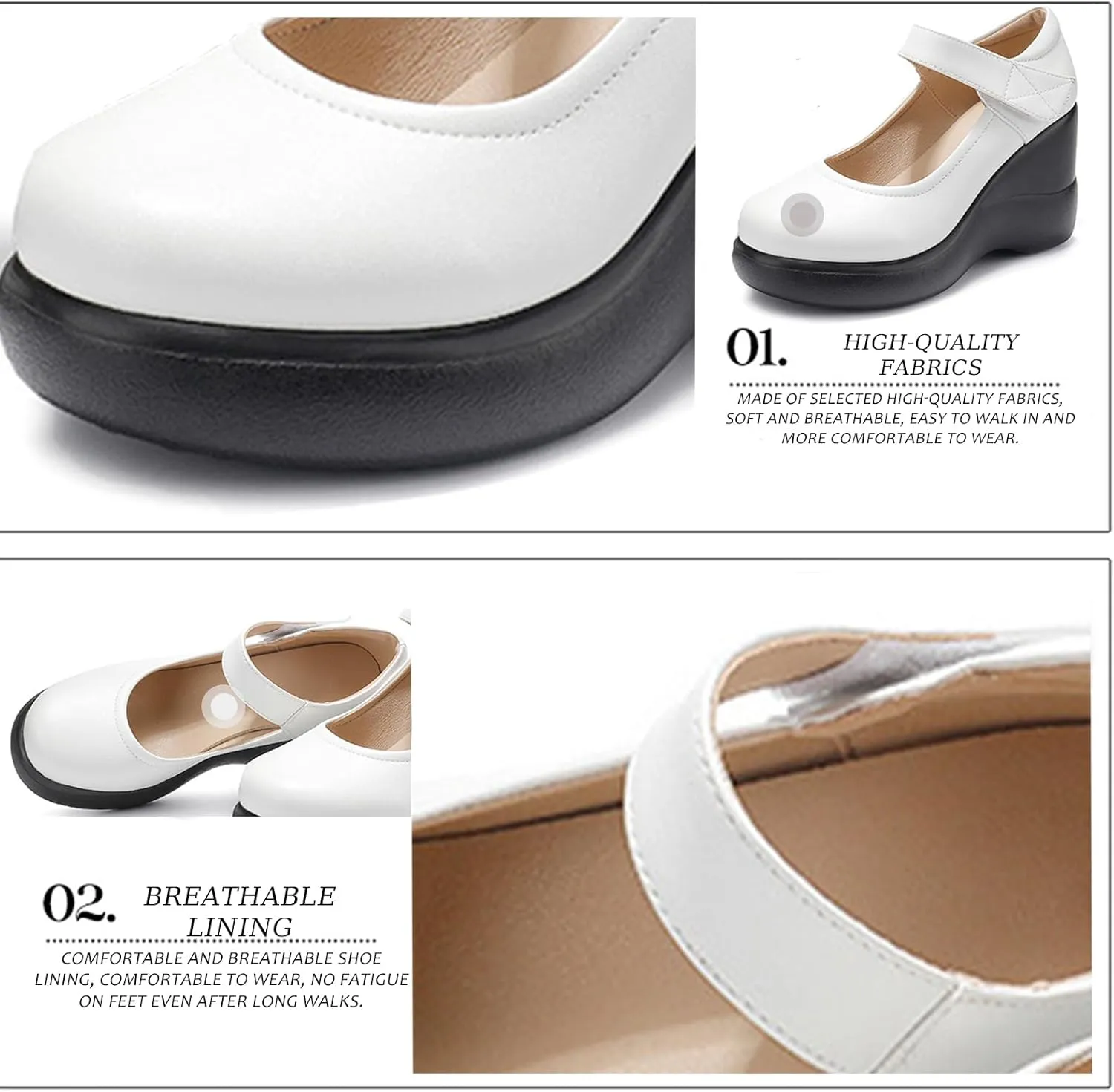 Women's Leather Wedge Mary Jane Shoes Comfort Round Toe Hook Loop Ankle Strap Soft Sole Platform Pumps Business Office Formal Shoes