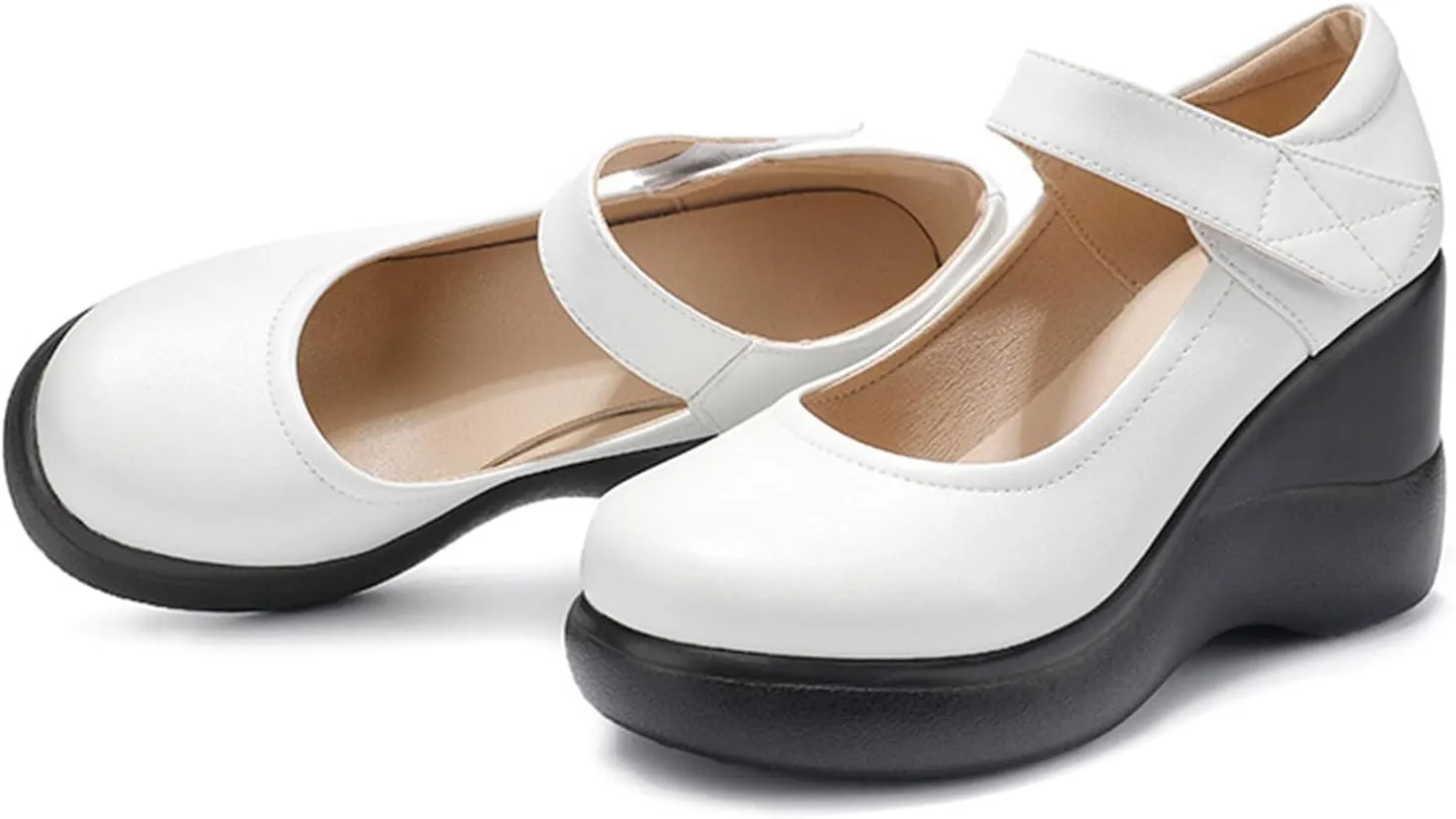 Women's Leather Wedge Mary Jane Shoes Comfort Round Toe Hook Loop Ankle Strap Soft Sole Platform Pumps Business Office Formal Shoes