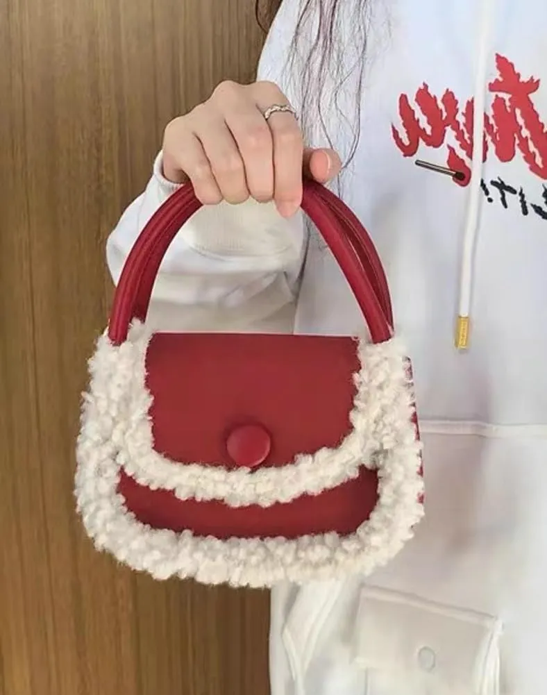 Women's Mini Saddle Bag Cute Crossbody Bag Retro Red Suede Handbag Soft Lamb Wool Shoulder Bag Phone Clutch Purse