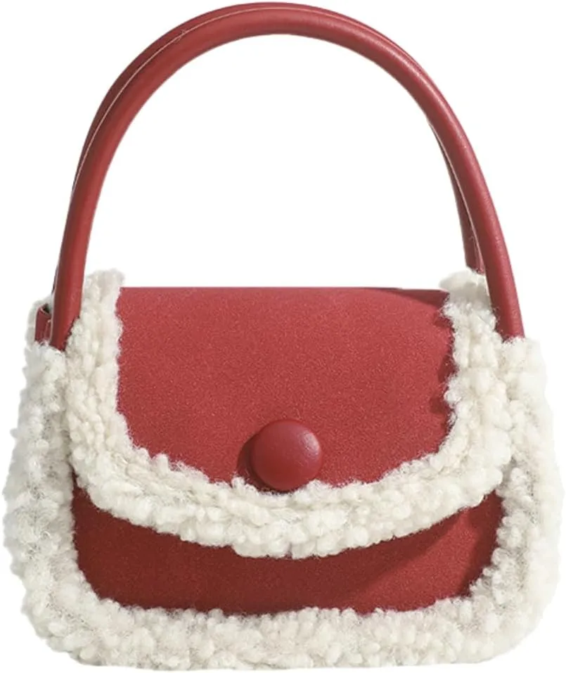 Women's Mini Saddle Bag Cute Crossbody Bag Retro Red Suede Handbag Soft Lamb Wool Shoulder Bag Phone Clutch Purse