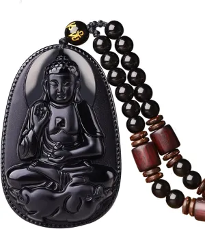 Women's Necklaces Men's Necklaces Classic Fashion Natural Black Obsidian Gem Amulet Totem Obsidian Pendant Necklac (Amitabha-Pig)