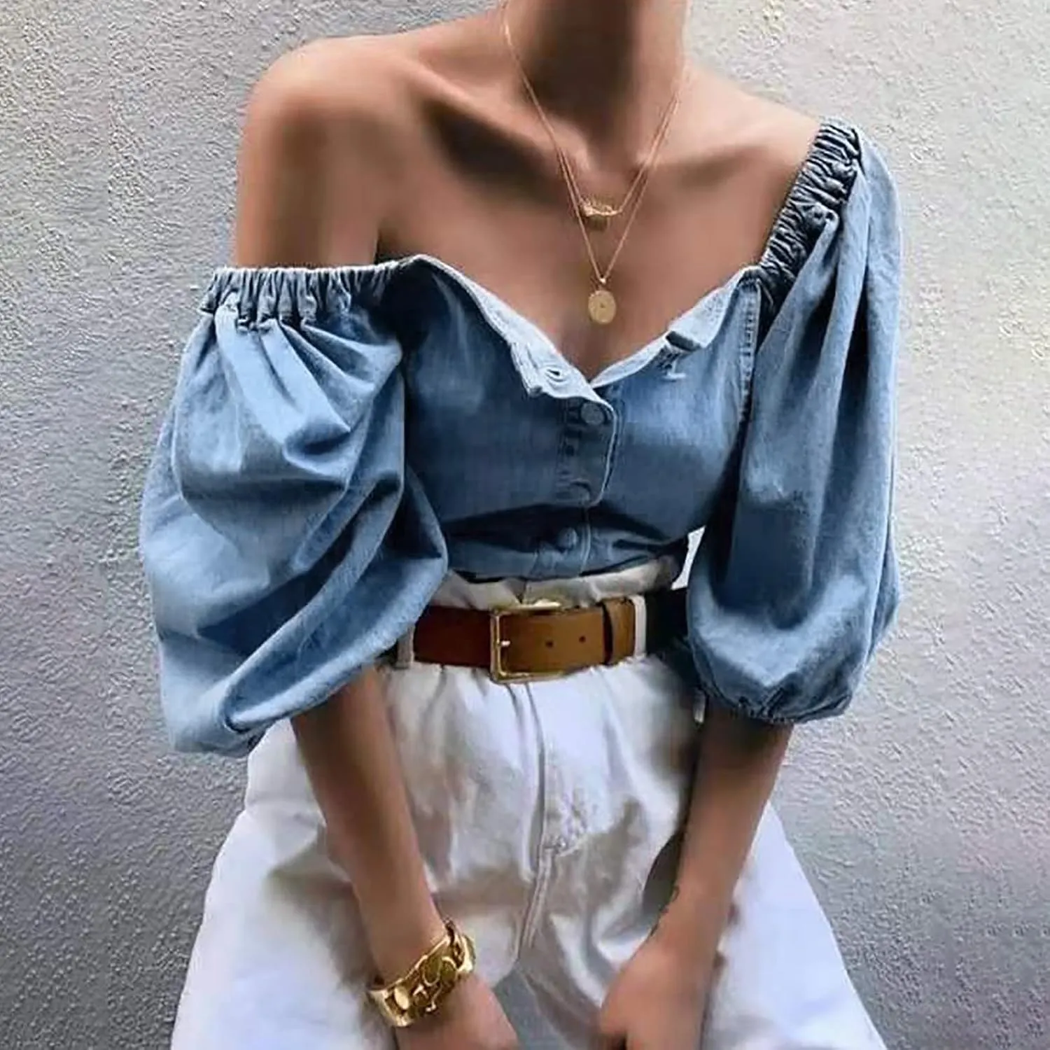 Women's Off Shoulder Bubble Sleeved Denim Casual Sexy Casual Jacket Top Lingerie for Plus Size