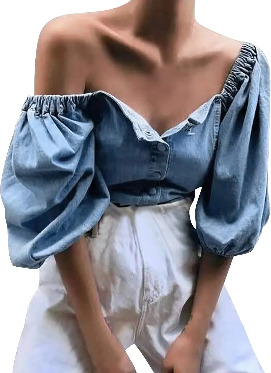 Women's Off Shoulder Bubble Sleeved Denim Casual Sexy Casual Jacket Top Lingerie for Plus Size