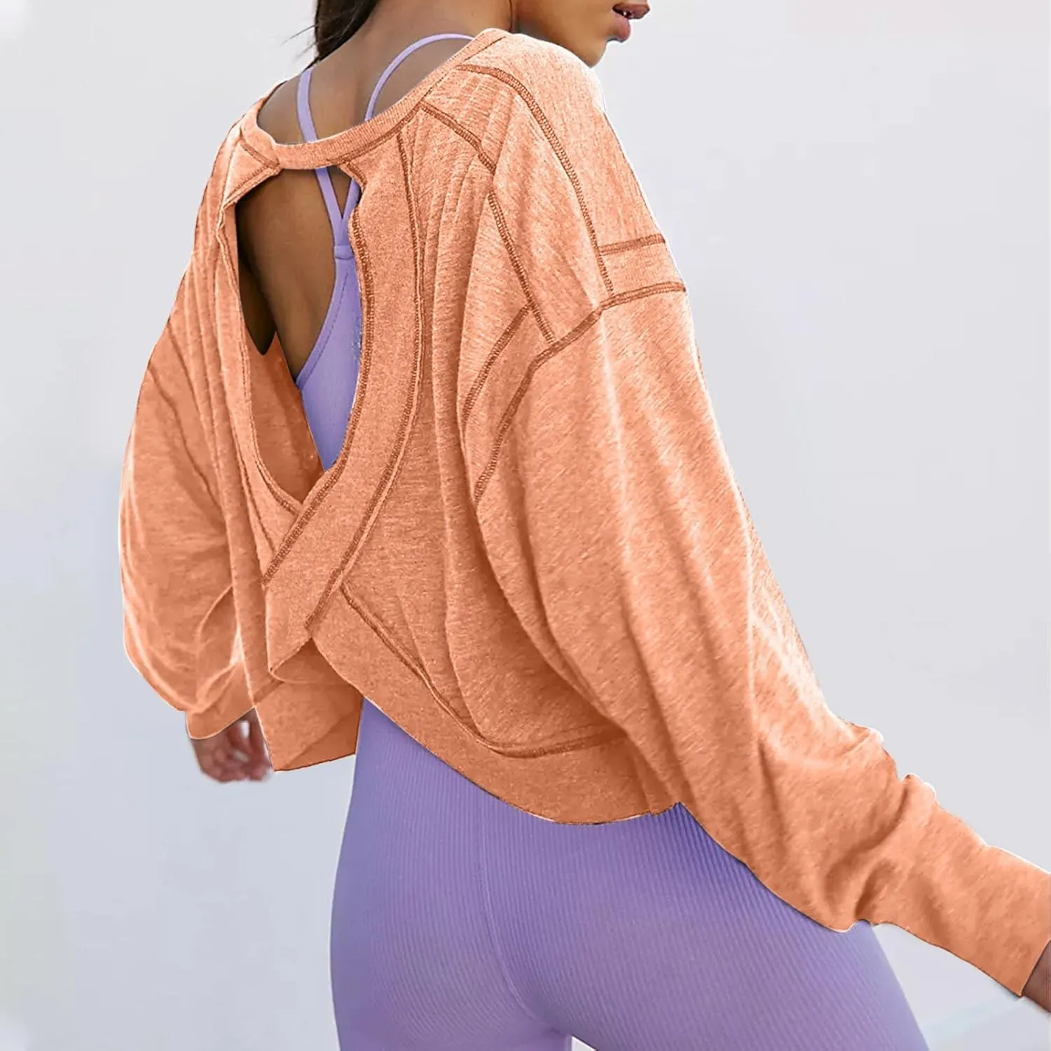 Womens Open Back Workout Tops Backless Long Sleeve Athletic Shirt Casual Summer Loose Running Crop Top Gym Yoga Tee