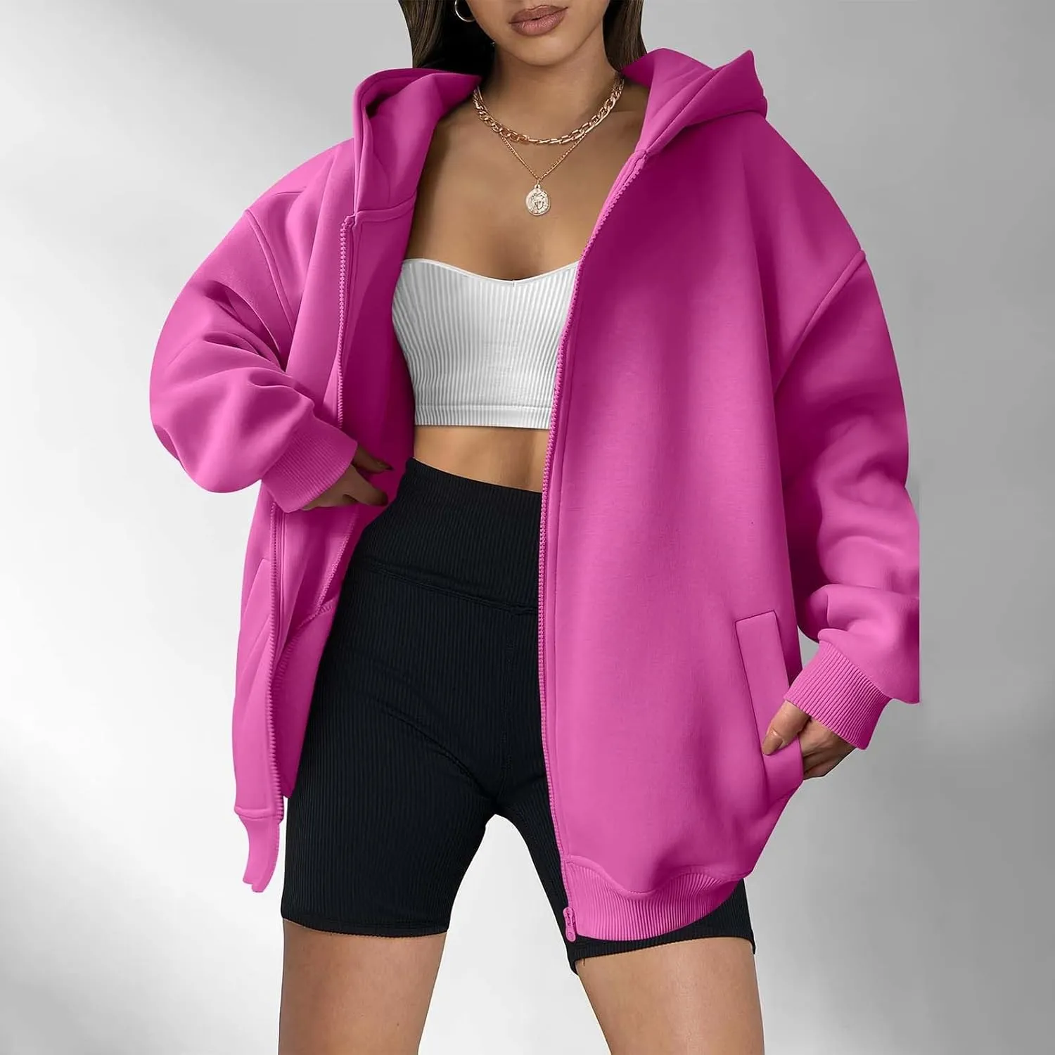 Women's Oversized Zip Up Hoodies Fleece Jacket Casual 2024 Fall Winter Hooded Sweatshirts Drawstring Y2K Hoodie