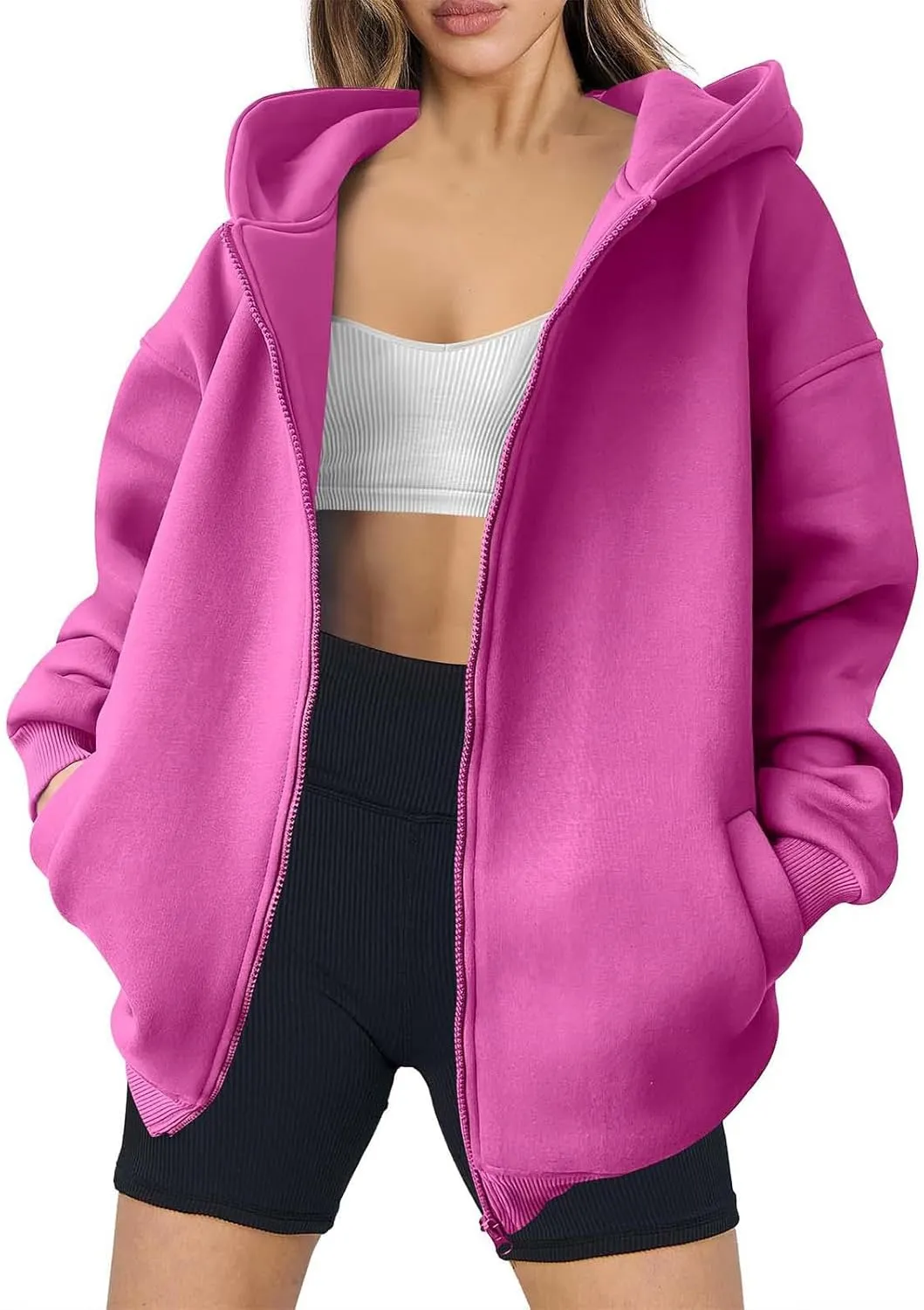 Women's Oversized Zip Up Hoodies Fleece Jacket Casual 2024 Fall Winter Hooded Sweatshirts Drawstring Y2K Hoodie