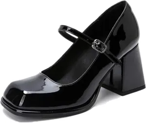 Women's Patent Leather Block Heel Mary Janes with Adjustable Ankle Strap Square Toe Mid Chunky Heel Comfort Strappy Uniform Dress Wedding Party Pumps Shoes