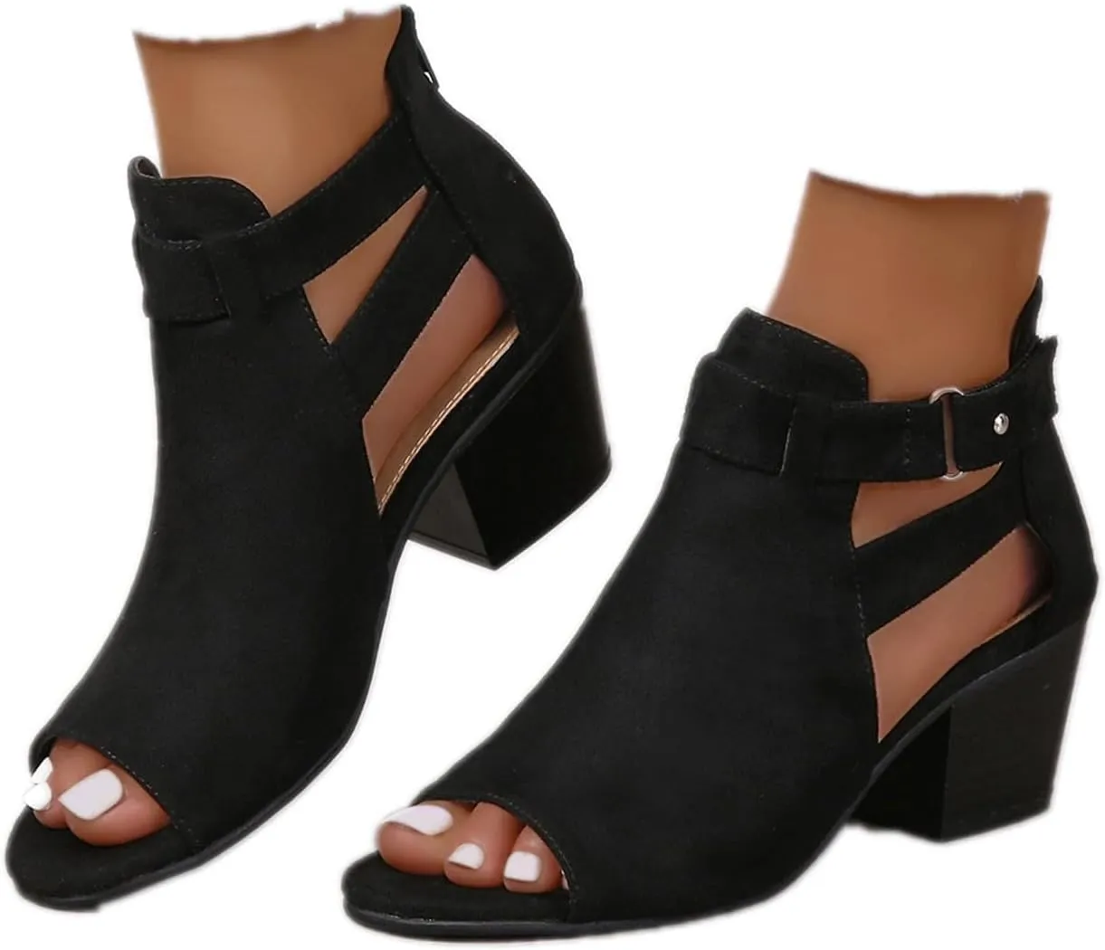 Womens Peep Toe Booties Chunky Heel Sandals Open Toe Boots Cutout Ankle Strap High Heel Chunky Block Sandals Ankle Bootie with Back Zipper