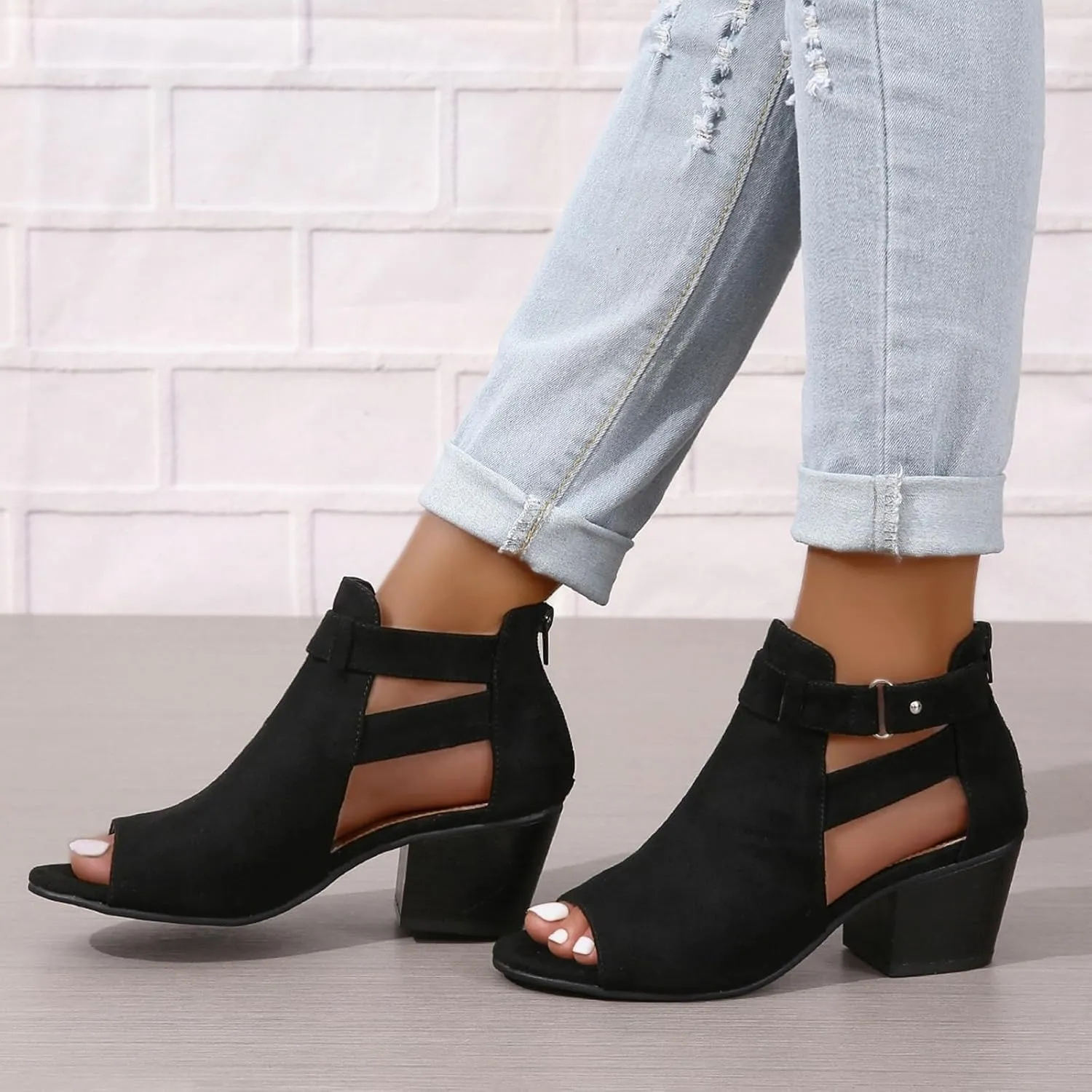 Womens Peep Toe Booties Chunky Heel Sandals Open Toe Boots Cutout Ankle Strap High Heel Chunky Block Sandals Ankle Bootie with Back Zipper