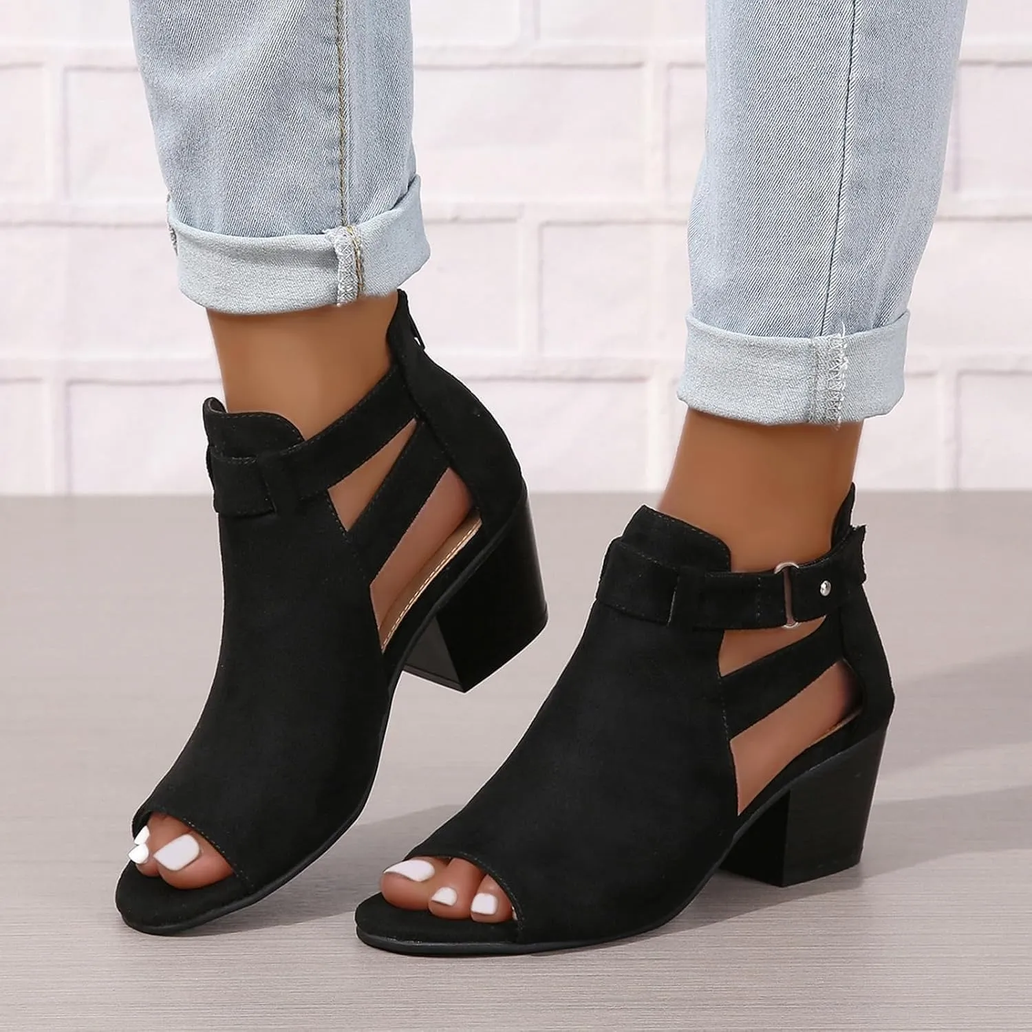 Womens Peep Toe Booties Chunky Heel Sandals Open Toe Boots Cutout Ankle Strap High Heel Chunky Block Sandals Ankle Bootie with Back Zipper