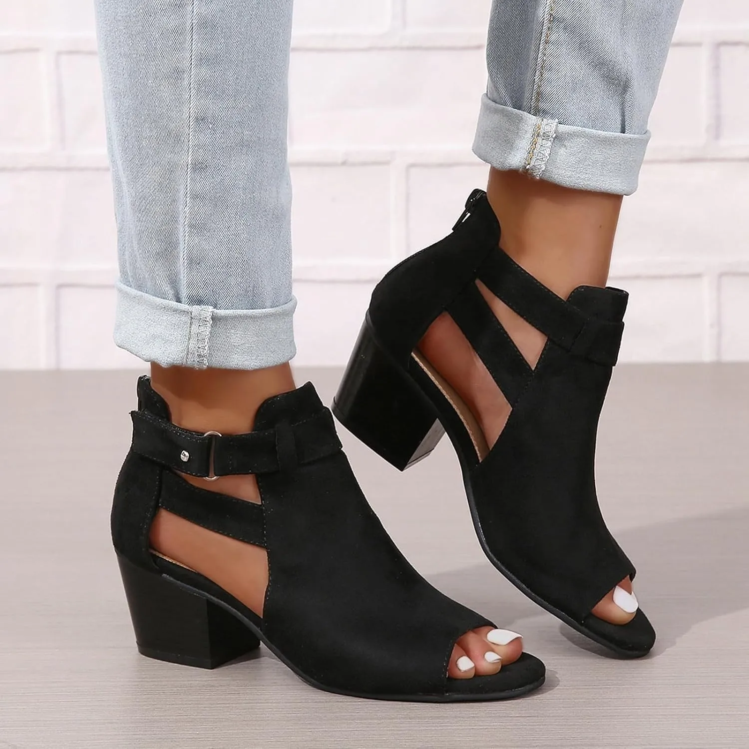 Womens Peep Toe Booties Chunky Heel Sandals Open Toe Boots Cutout Ankle Strap High Heel Chunky Block Sandals Ankle Bootie with Back Zipper