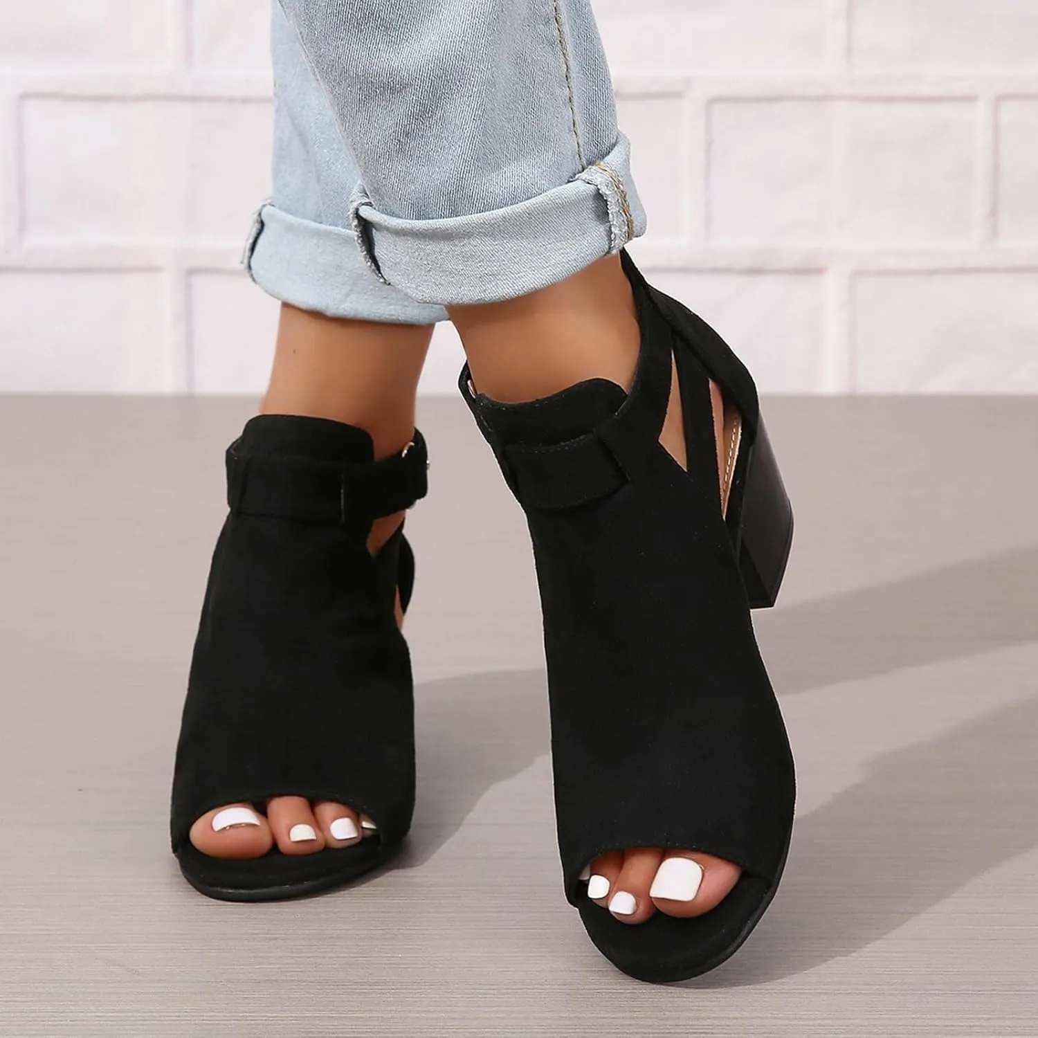 Womens Peep Toe Booties Chunky Heel Sandals Open Toe Boots Cutout Ankle Strap High Heel Chunky Block Sandals Ankle Bootie with Back Zipper