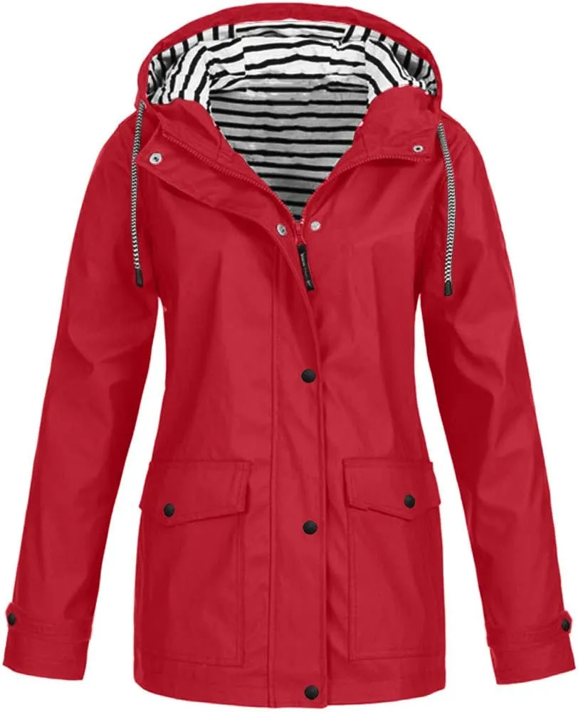 Womens Rain Jacket with Hood Fall Winter Jacket Sports Trench Jacket Solid Zip Up Windbreaker Drawstring Parka