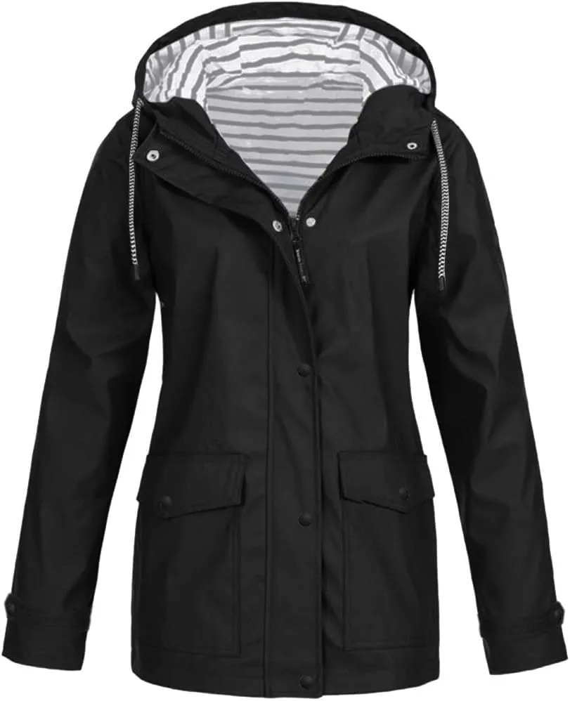 Womens Rain Jacket with Hood Fall Winter Jacket Sports Trench Jacket Solid Zip Up Windbreaker Drawstring Parka