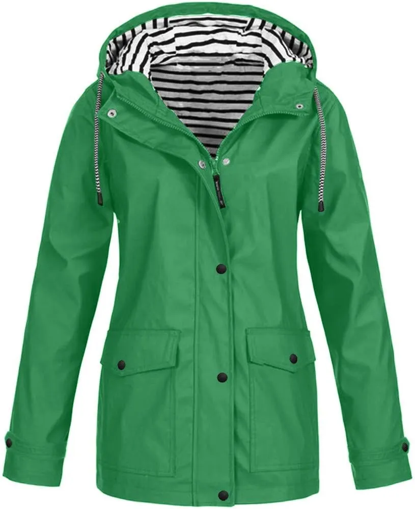 Womens Rain Jacket with Hood Fall Winter Jacket Sports Trench Jacket Solid Zip Up Windbreaker Drawstring Parka