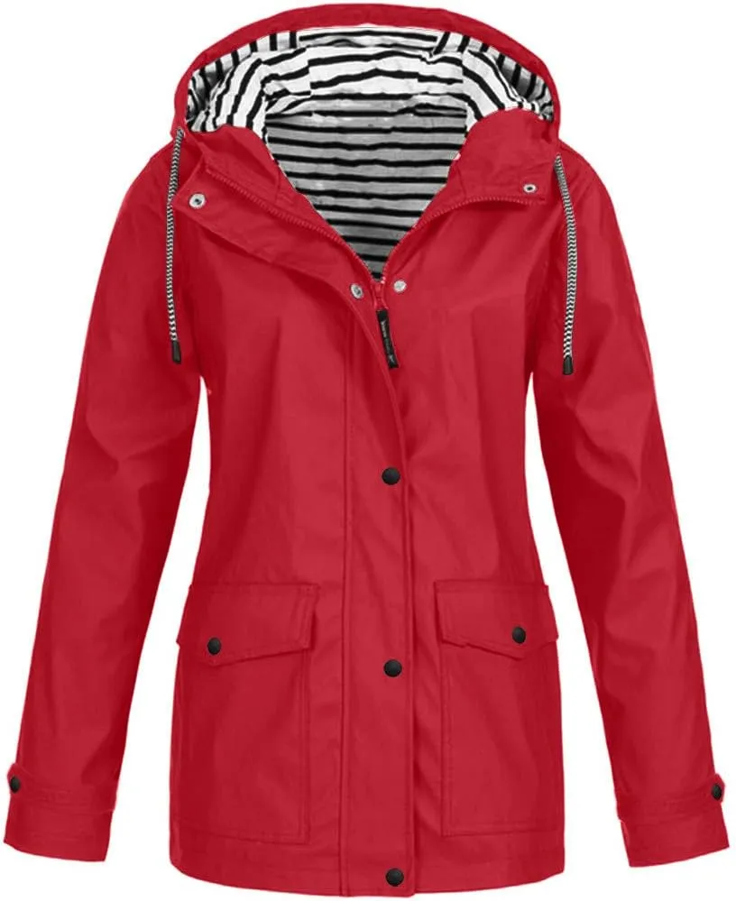 Womens Rain Jacket with Hood Fall Winter Jacket Sports Trench Jacket Solid Zip Up Windbreaker Drawstring Parka