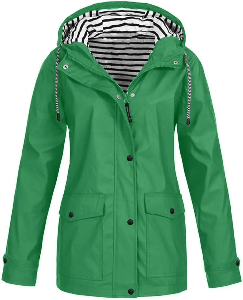 Womens Rain Jacket with Hood Fall Winter Jacket Sports Trench Jacket Solid Zip Up Windbreaker Drawstring Parka