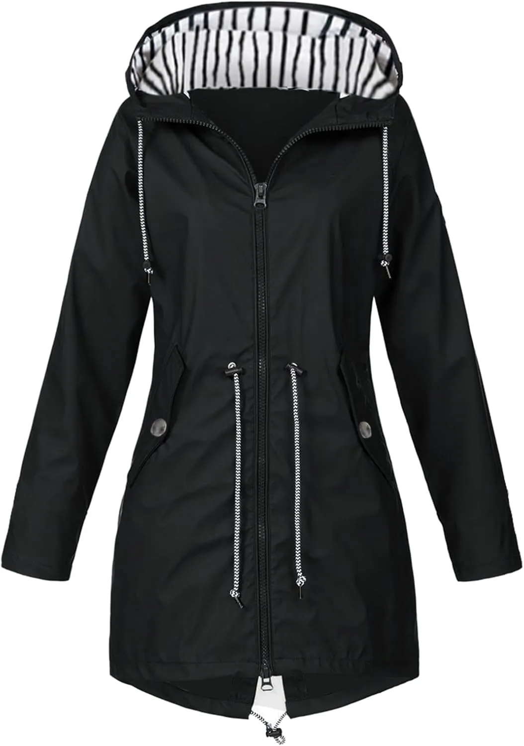 Womens Rain Jacket With Hood Lightweight Long Sleeve Windbreaker Zip Up Drawstring Raincoat With Pockets Cozy