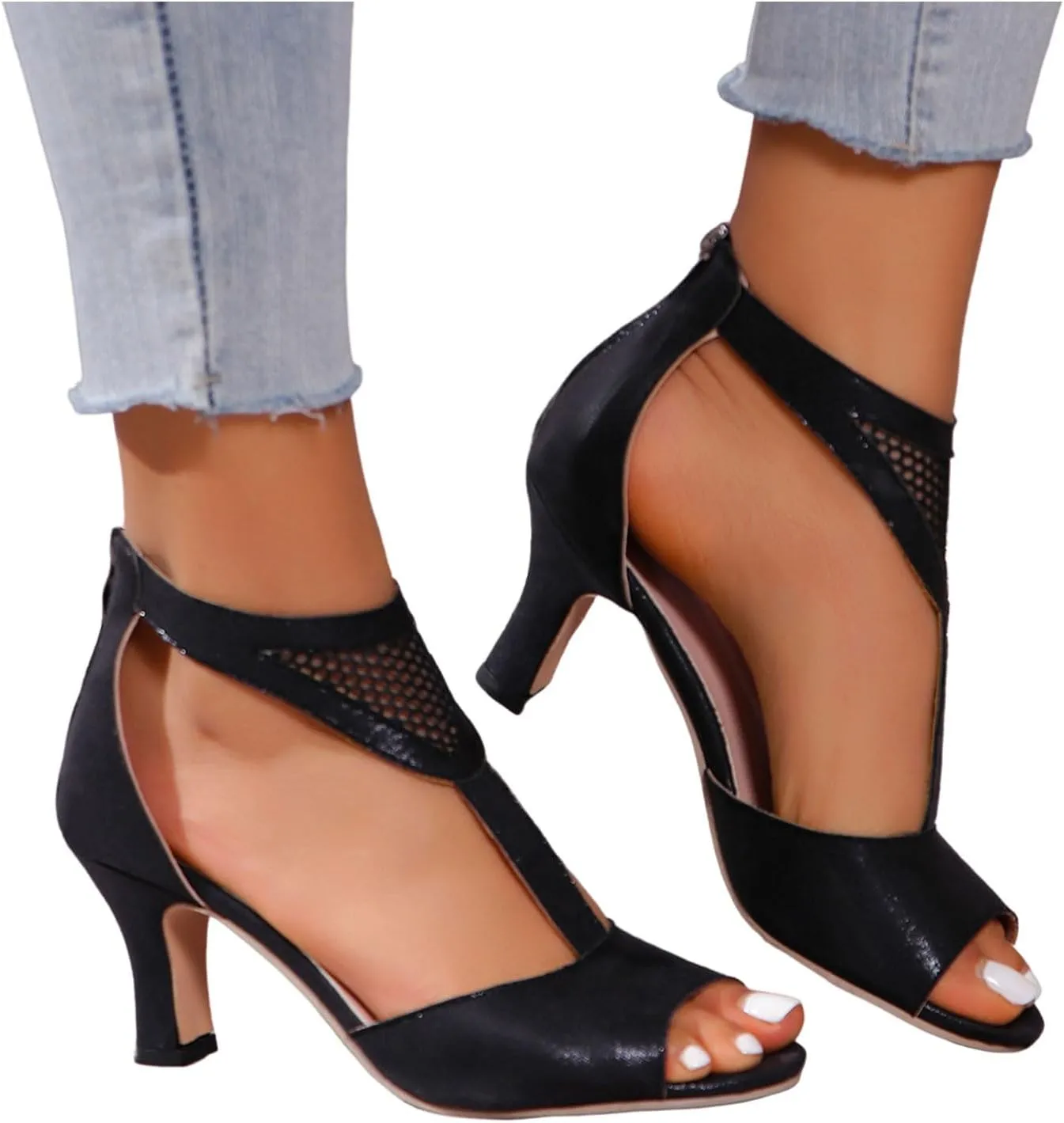 Womens Sandals Fashion Mid Heel Shoes Open Toe Pumps Heel Sandals Breathable Mesh Sandals Vacation Sandals