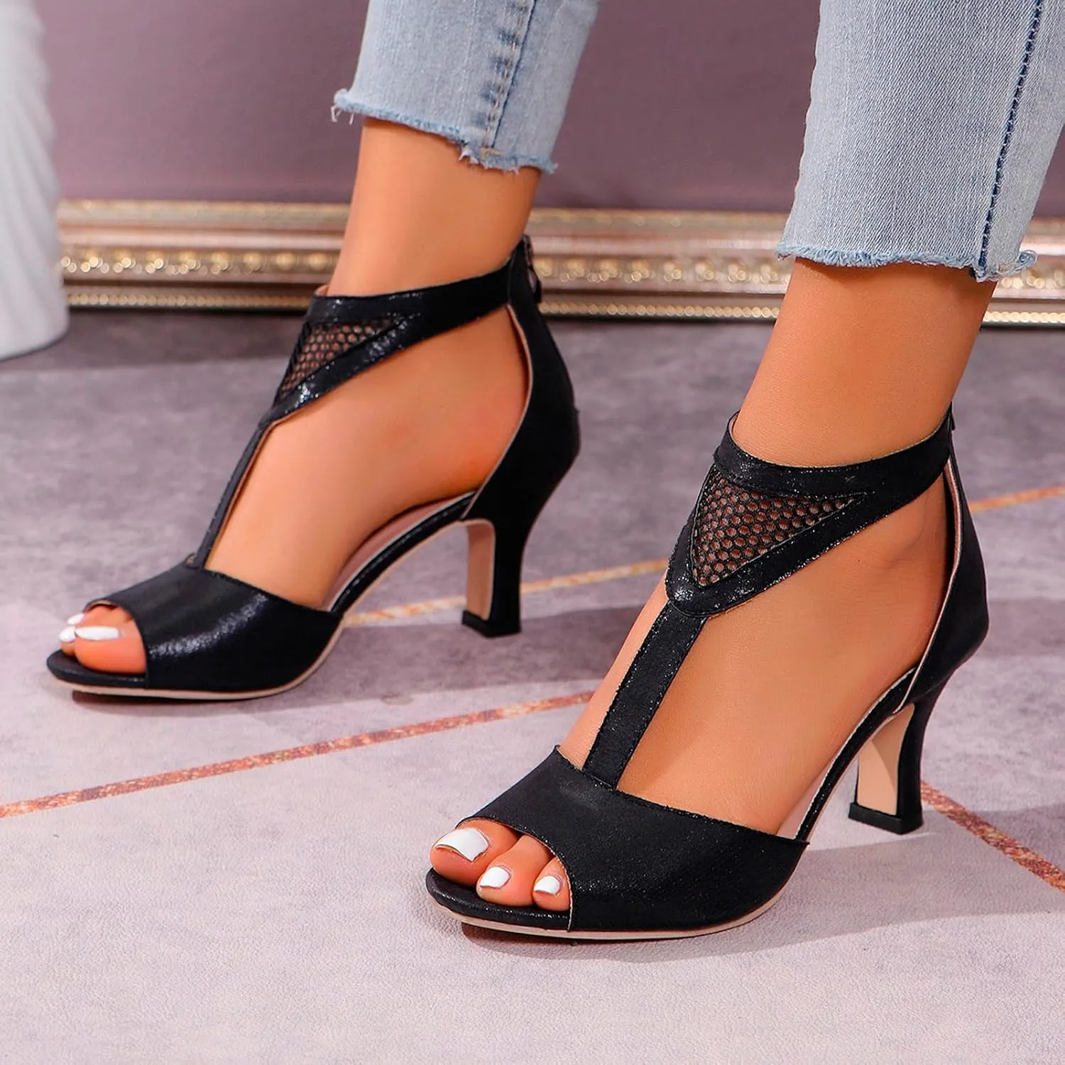 Womens Sandals Fashion Mid Heel Shoes Open Toe Pumps Heel Sandals Breathable Mesh Sandals Vacation Sandals