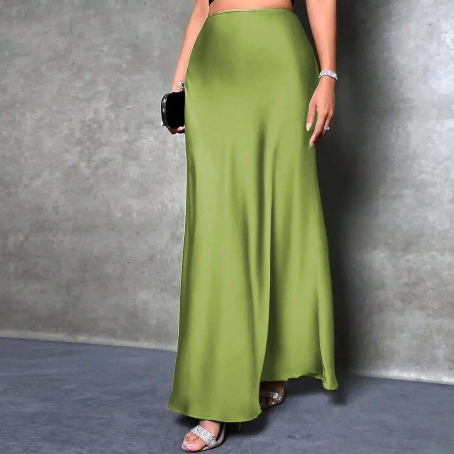 Women's Satin A-Line Midi Skirt High Waisted Zipper Flared Silk Skirts Trendy Elegant Cocktail Party Wedding Skirts