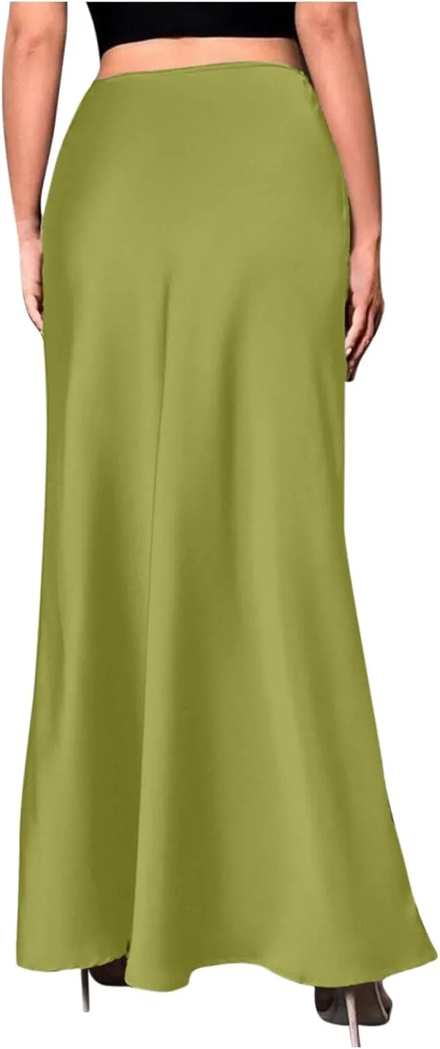 Women's Satin A-Line Midi Skirt High Waisted Zipper Flared Silk Skirts Trendy Elegant Cocktail Party Wedding Skirts