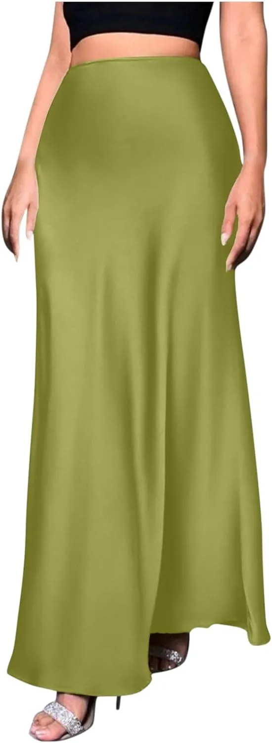 Women's Satin A-Line Midi Skirt High Waisted Zipper Flared Silk Skirts Trendy Elegant Cocktail Party Wedding Skirts
