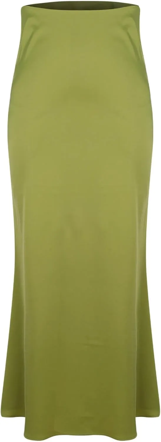 Women's Satin A-Line Midi Skirt High Waisted Zipper Flared Silk Skirts Trendy Elegant Cocktail Party Wedding Skirts