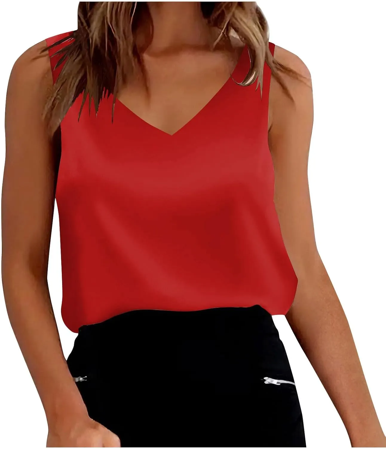Womens Satin Tank Tops Dressy V Neck Cami Casual Sleeveless Silk Camisole Blouses Summer Basic Comfy Tank Shirt