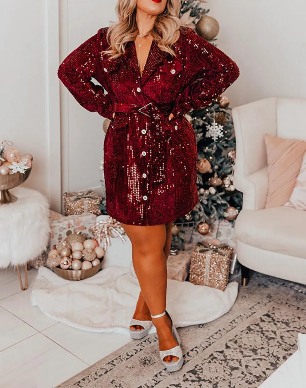 Womens Sexy Deep V Cocktail Dress Sparkly Sequin Blazer A Line Button Down Dress