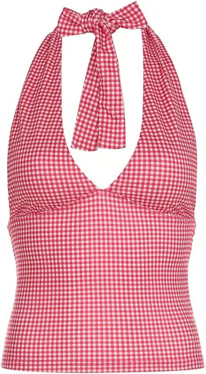 Women's Sexy Deep V Neck Halter Crop Tank Top Open Back Tie Sleeveless Slim Fit Camisole Y2k Summer Coquette Tops