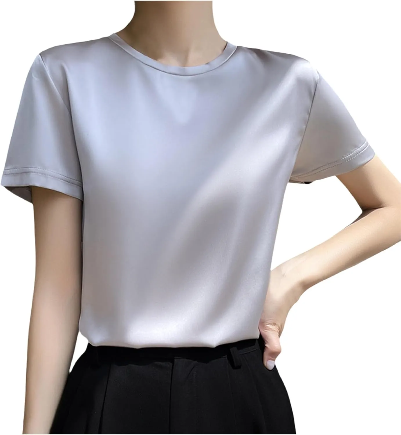 Women's Silk Satin Tops Crewneck Short Sleeve Tee Shirt Casual Party Tee Shirt