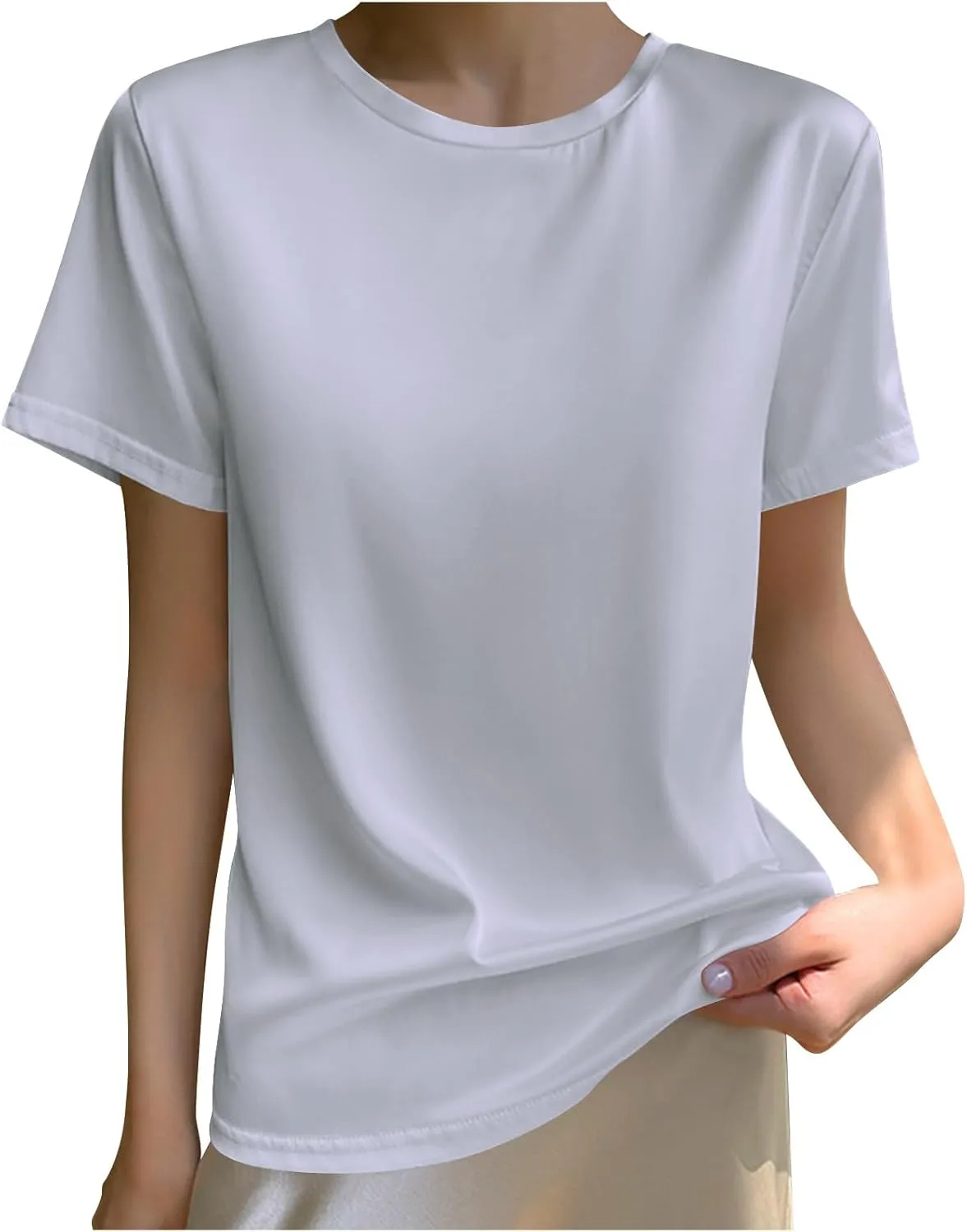 Women's Silk Satin Tops Crewneck Short Sleeve Tee Shirt Casual Party Tee Shirt