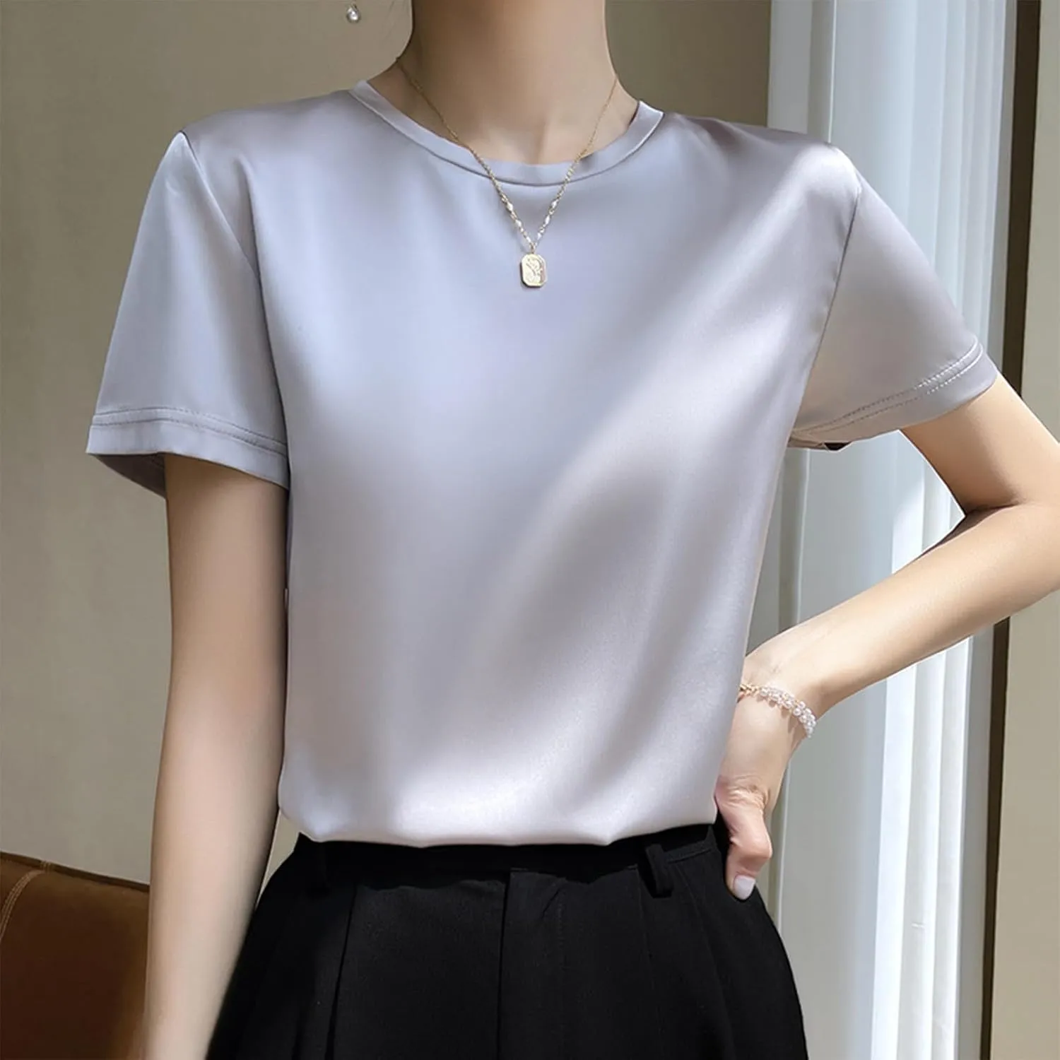 Women's Silk Satin Tops Crewneck Short Sleeve Tee Shirt Casual Party Tee Shirt